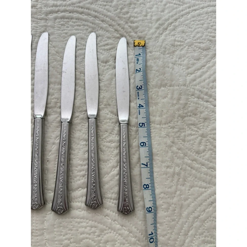 Silco Dinner Knives Set of 6 Silver Floral Scroll Stainless USA 9in Vintage